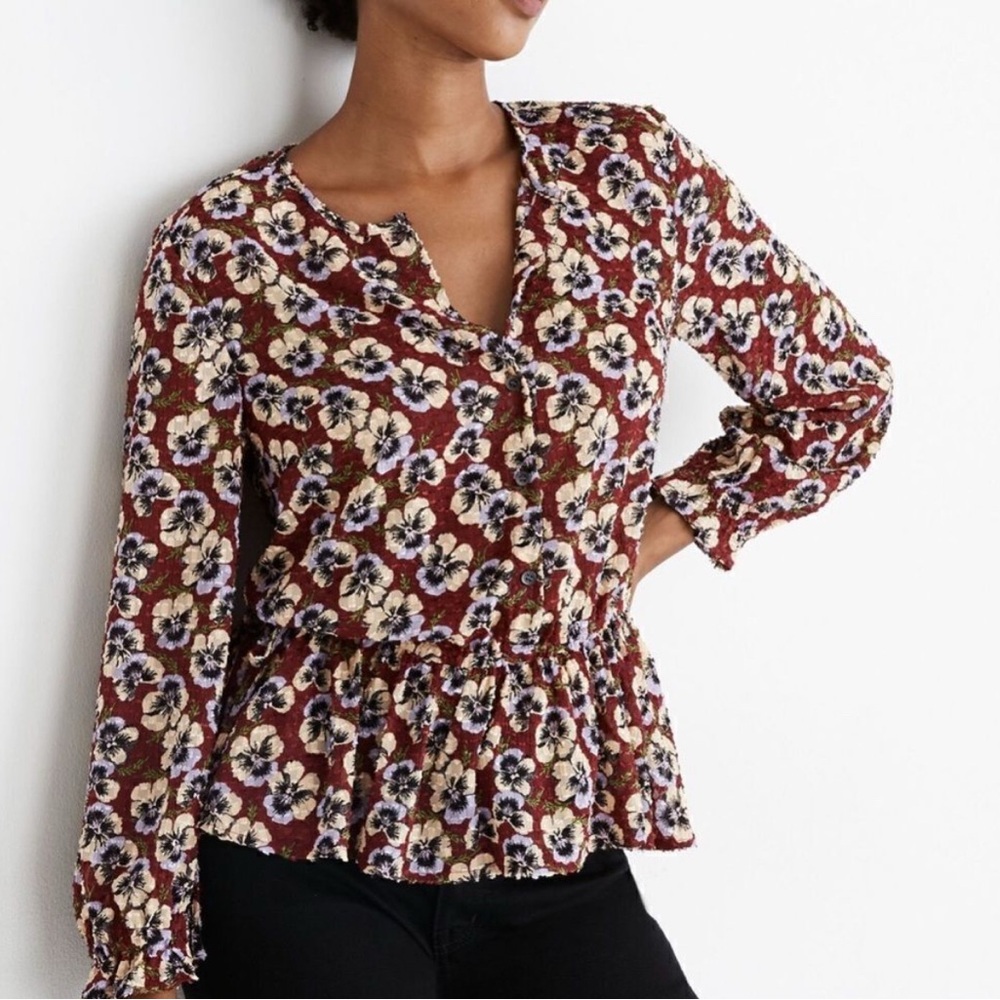 Madewell Burgundy Floral/Pansy Drawstring Blouse, Size XL
